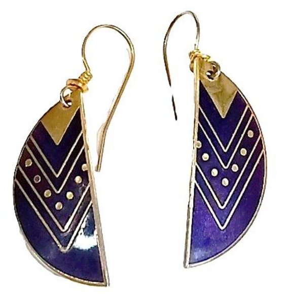 Vintage Roccoco Cloisonne Enameled Half-Moon Gold Tone Dangle Earrings - Picture 1 of 4